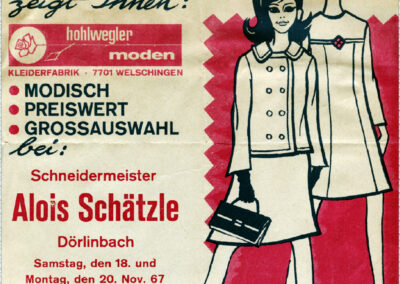 Plakat für eine Modeschau im November 1967 im Textilgeschäft Schätzle. Modeschauen gab es auch regelmäßig in der Schneiderei Steuert.