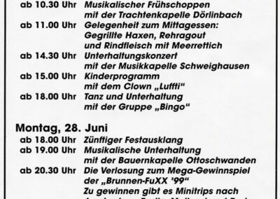 Einladung zum ersten Brunnendorffest im Juni 1999. Das erste Dorffest sollte jedoch auch das einzige bislang bleiben. Bis heute wurde nie mehr ein solches Dorffest organisiert.