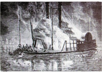 Lithografien und Zeichnungen von dem stattlichen Dampfschiff „Erie“, das am 9. August 1841 auf dem Eriesee nach einem verheerenden Schiffsbrand unterging.