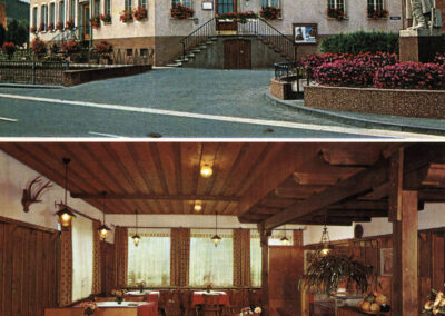 Ansichtskarte vom Gasthaus „Zum Engel“ aus den 1970er-Jahren. Eine Außenansicht des Gasthofs sowie eine Innenansicht des Cafés.
