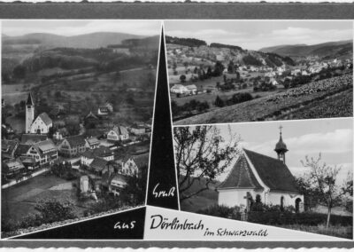 Verschiedene Ansichtskarten aus den 1960er- und 1970er-Jahren in schwarz-weiß. Auf allen ist der Ortskern der zentrale Blickpunkt.