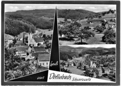 Verschiedene Ansichtskarten aus den 1960er- und 1970er-Jahren in schwarz-weiß. Auf allen ist der Ortskern der zentrale Blickpunkt.