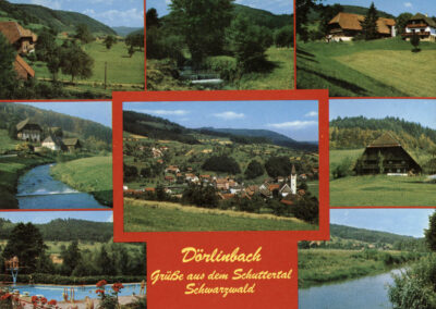 Ansichtskarte aus den 1970er-Jahren. Herausgegeben vom Lebensmittelgeschäft Griesbaum. Im Zentrum der Karte der Blick auf Dörlinbach von der Kappelberg-Seite.