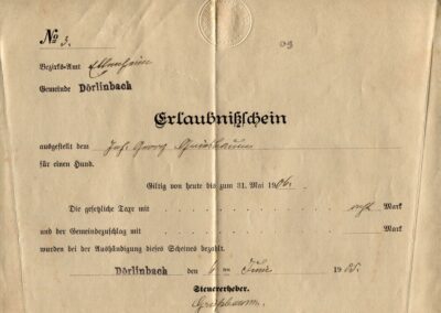 Erlaubnisschein für einen Hund für Johann Georg Griesbaum. Ausgestellt am 6. Juni 1905 von der Gemeinde Dörlinbach (Bezirks-Amt Ettenheim).