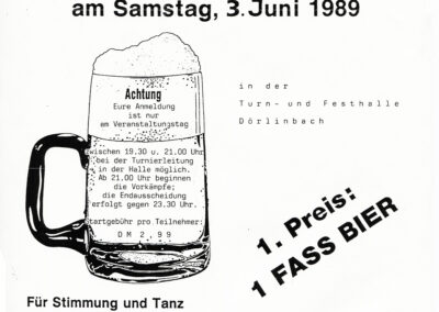 Werbung für die 2. Schuttertäler Bierstemm Meisterschaften am 3. Juni 1989. Veranstalter war die Bremsdorfer Narrenzunft.