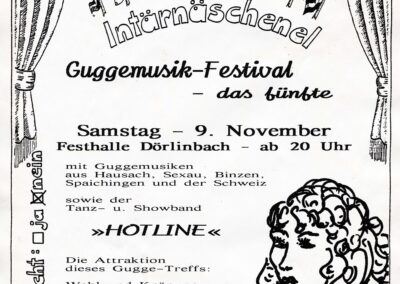Werbung für die Wahl der 1. Internationalen Guggemusik-Königin in Dörlinbach im Rahmen des 5. Guggemusik-Festivals am 9. November 1996.