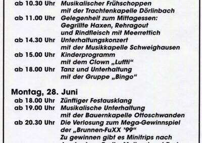 Werbung für das 1. Brunnendorf-Fest im Juni 1999 auf dem Ziegelhüttenplatz. Leider gab es in den Folgejahren keine Fortsetzung dieses Dorffestes.