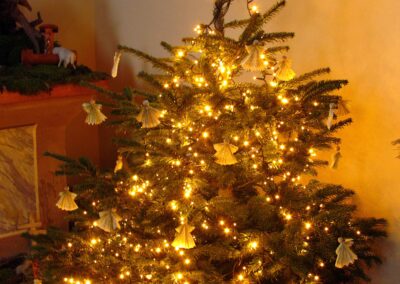 Weihnachtskrippe 2021: Der Weihnachtsbaum an der Krippe mit selbstgebastelten Engel als Deko – mal mit, mal ohne Beleuchtung.