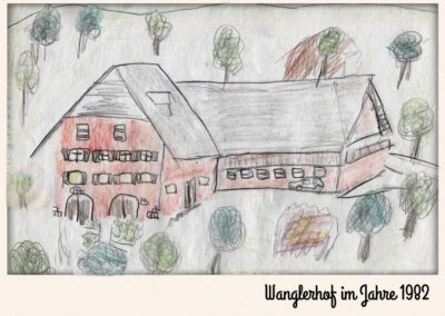 Das alte Hofgebäude aus Kindersicht. Gemalt von Anja Wehrle (Jahrgang 1973).