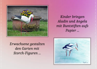 Unser Storchenpaar inspiriert zu vielerlei Dingen: Eine Nachbildung im Garten, Zeichnungen von Kindern und vieles mehr.