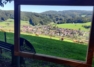 Der zweite Rahmen wurde am Heuweg installiert, direkt bevor der Weg in den Wald führt. Von dort aus eröffnet sich ein wunderbarer Blick auf den Jubiläumsort Dörlinbach.