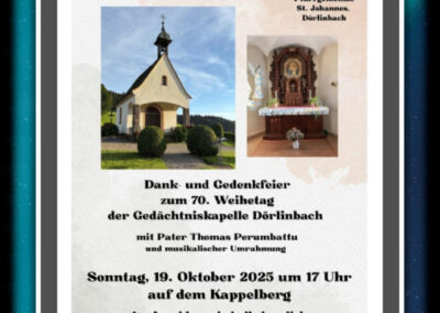 Einladung zur Dank- und Gedenkfeier der Pfarrgemeinde St. Johannes anlässlich 70 Jahre Gedächtniskapelle.