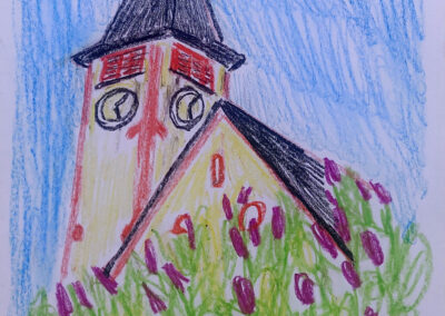 Dorfkirche hinterm Fliederstrauch, gemalt von Emma, 9 Jahre