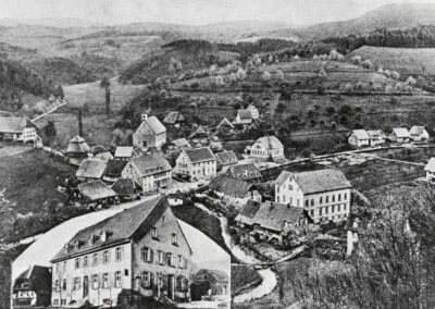 Blick auf Dörlinbachs Ortskern im Jahre 1925. Entnommen von einer Postkarte des Gasthofs „Zum Löwen“ (Einklinker).