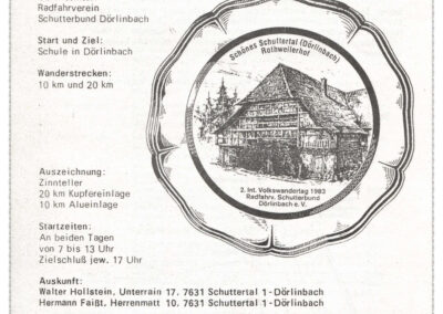 Flyer für die 2. Internationalen Volkswandertagen in Dörlinbach (Deckblatt) im Jahre 1983. Medaille: Zinnteller mit Abbildung des Rothweilerhofs.