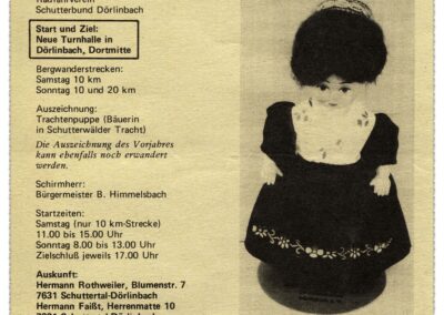 Flyer für die 6. Internationalen Volkswandertagen in Dörlinbach im Jahre 1987 (Deckblatt). Medaille: Dörlinbacher Trachtenträgerin als Puppe.