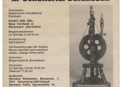 Flyer für die 8. Internationalen Volkswandertagen in Dörlinbach im Jahre 1989 (Deckblatt). Medaille: Mini-Spinnrad.