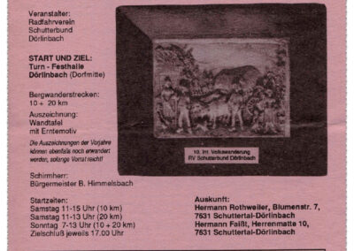 Flyer für die 10. Internationalen Volkswandertagen in Dörlinbach im Jahre 1991 (Deckblatt). Medaille: Mini-Bild zur Ernte.