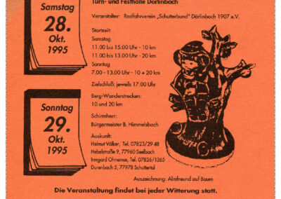 Flyer für die 14. Internationalen Volkswandertagen in Dörlinbach im Jahre 1995 (Deckblatt). Medaille: Alm-Freund auf Baum.