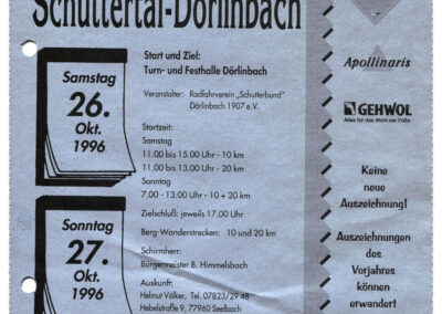 Flyer für die 15. Internationalen Volkswandertagen in Dörlinbach im Jahre 1996 (Deckblatt). Medaille: Keine neue Auszeichnung.