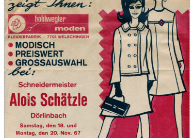 Flyer für eine Modenschau in Dörlinbach aus dem Jahre 1967. Ausgestellt wurde im Textilgeschäft von Schneidermeister Alois Schätzle.