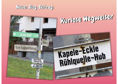 Neuer Blog-Beitrag: Es geht um kuriose Wegweiser mit den Rechtschreibfehlern. Statt „Kapelle“ heißt es auf dem Schild „Kapele“ und statt „Ruhlquelle“ heißt es „Rühlquelle“.